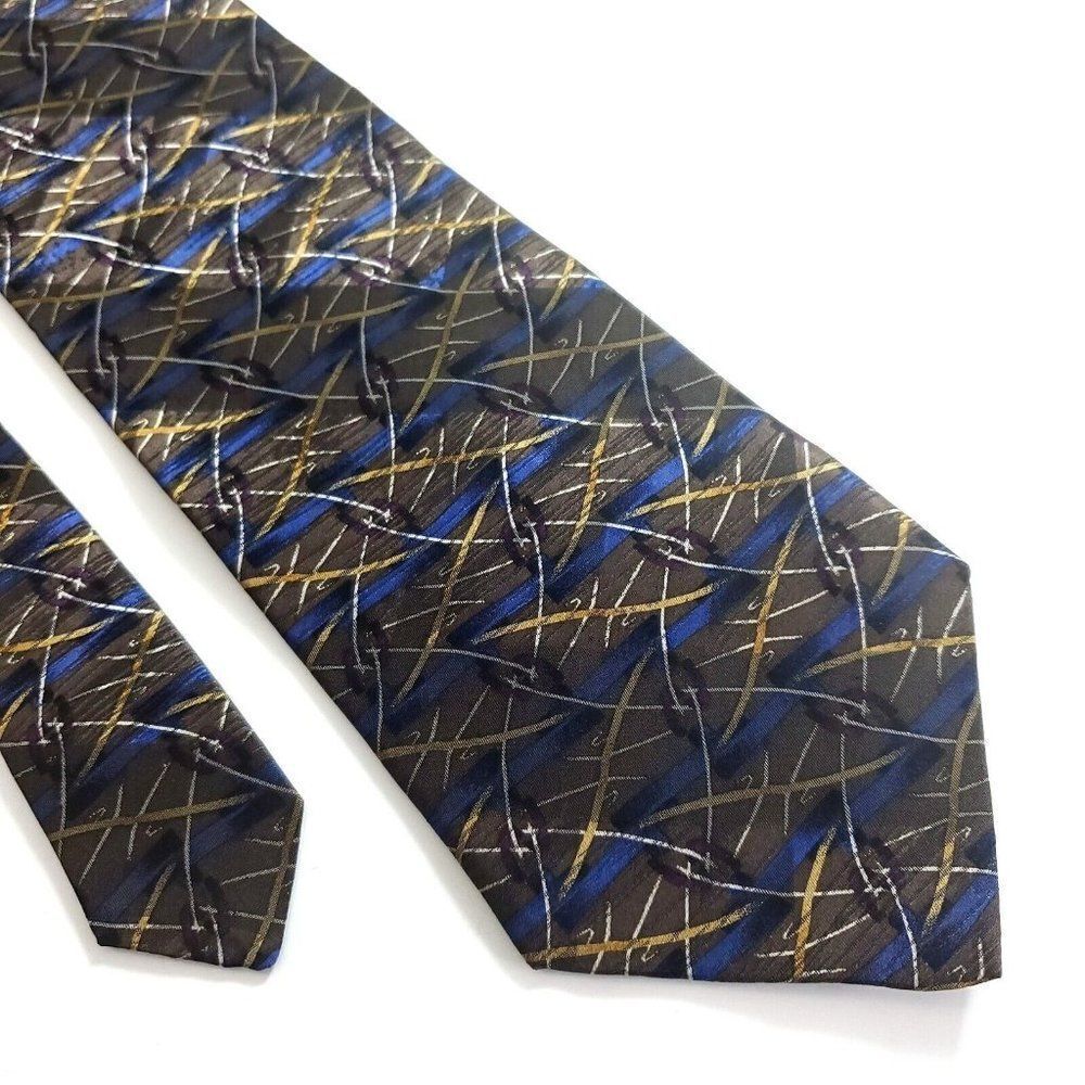 Woodward Green Tan‎ Blue Abstract Geometric Print Wide Silk Tie